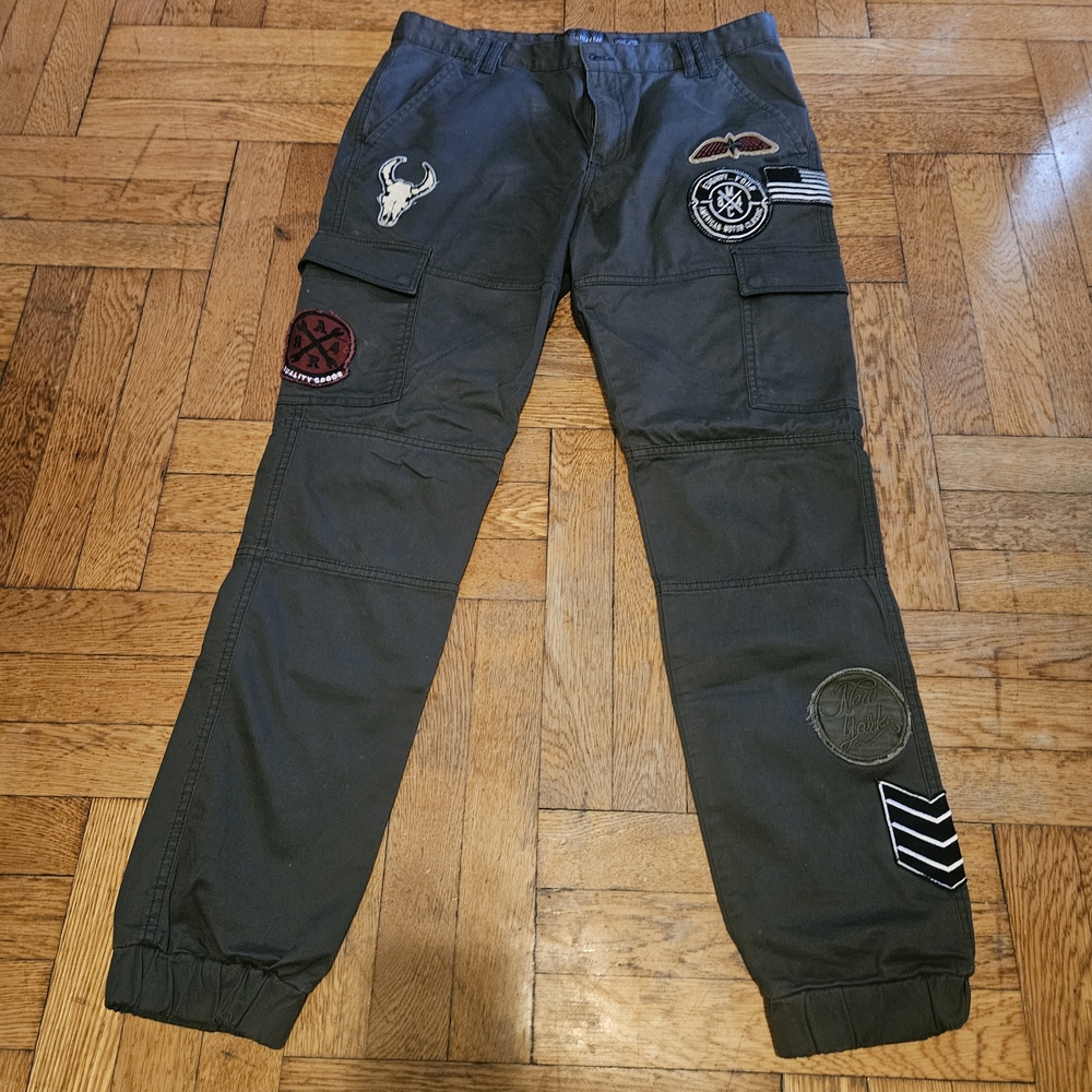 American RAG Olive Green Cargo Jogger Pants with Patch Details